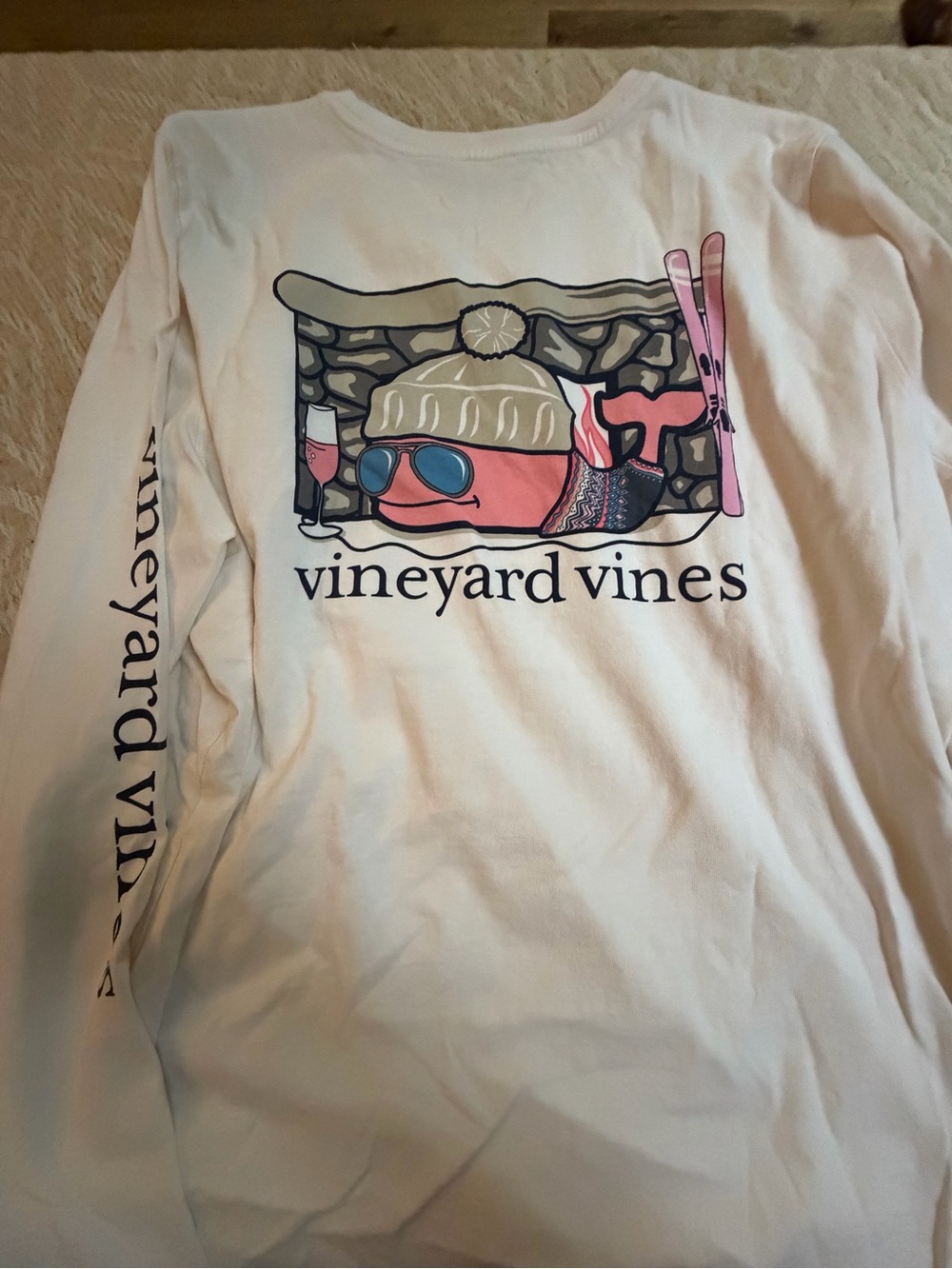 Vineyard Vines White Long Sleeve with Pink Ski Wine Whale Graphic